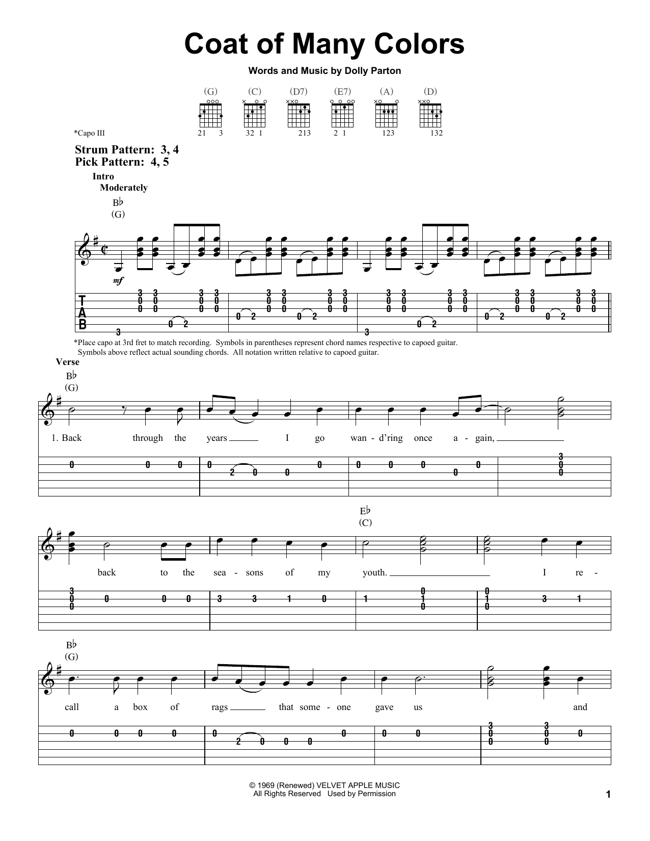 Coat Of Many Colors (Easy Guitar Tab) von Dolly Parton