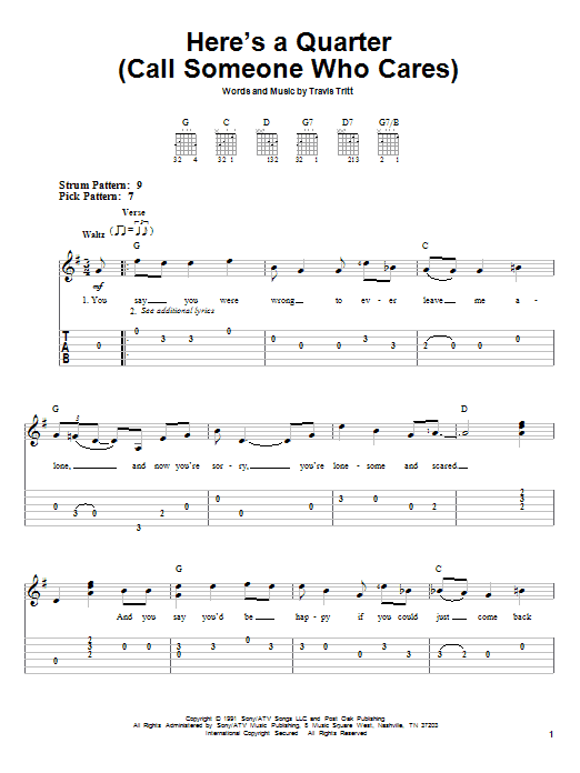 Here's A Quarter (Call Someone Who Cares) (Easy Guitar Tab) von Travis Tritt