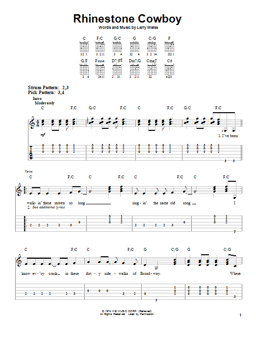 Rhinestone Cowboy (Easy Guitar Tab) von Glen Campbell