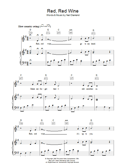 Red, Red Wine (Piano, Vocal & Guitar Chords) von Neil Diamond