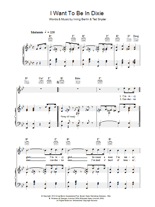 I Want To Be In Dixie (Piano, Vocal & Guitar Chords) von Irving Berlin