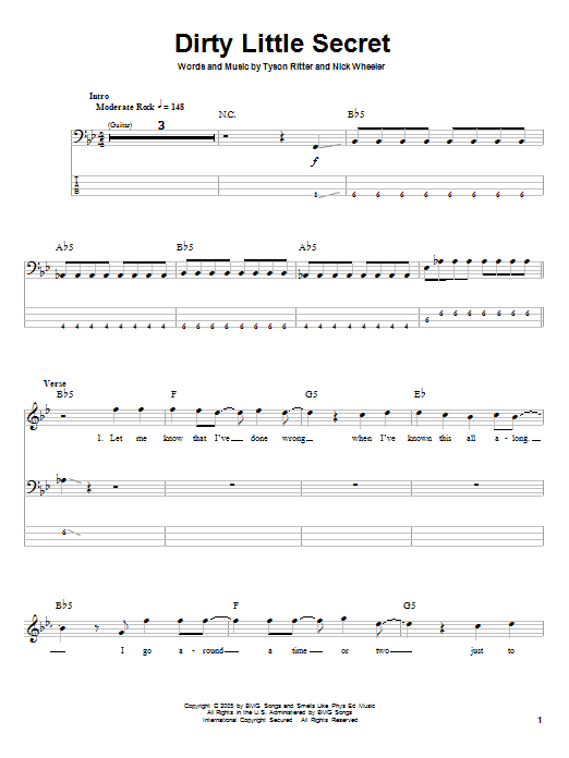 Dirty Little Secret (Bass Guitar Tab) von The All-American Rejects