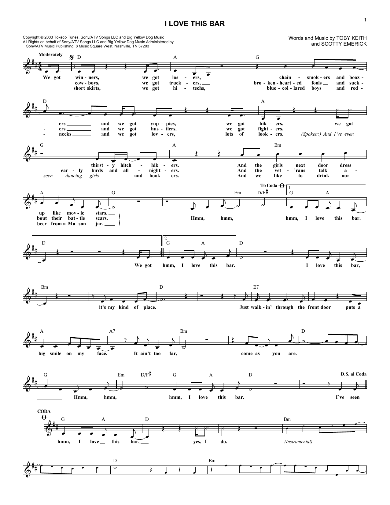 I Love This Bar (Lead Sheet / Fake Book) von Toby Keith