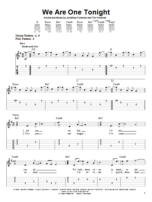 We Are One Tonight (Easy Guitar Tab) von Switchfoot