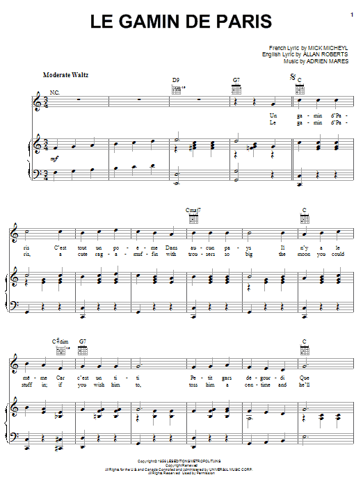 Le Gamin De Paris (Piano, Vocal & Guitar Chords (Right-Hand Melody)) von Mick Micheyl