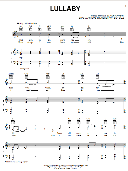 Lullaby (Piano, Vocal & Guitar Chords (Right-Hand Melody)) von Josh Groban