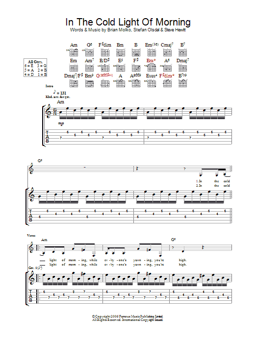 In The Cold Light Of Morning (Guitar Tab) von Placebo