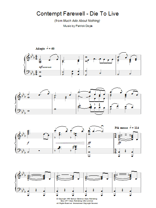 Contempt Farewell - Die To Live (from Much Ado About Nothing) (Piano Solo) von Patrick Doyle