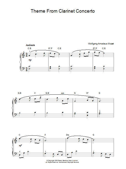 Slow Movement Theme from Clarinet Concerto (Piano, Vocal & Guitar Chords) von Wolfgang Amadeus Mozart