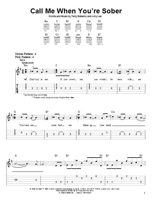 Call Me When You're Sober (Easy Guitar Tab) von Evanescence