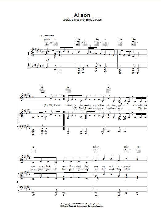 Alison (Piano, Vocal & Guitar Chords) von Elvis Costello