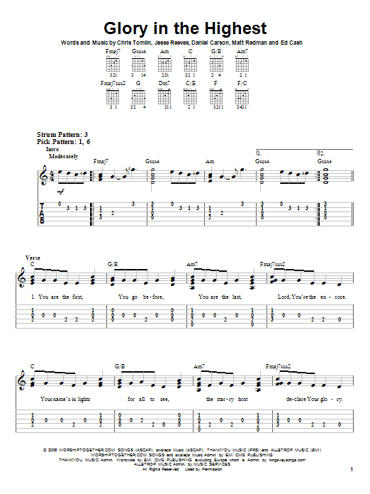 Glory In The Highest (Easy Guitar Tab) von Chris Tomlin