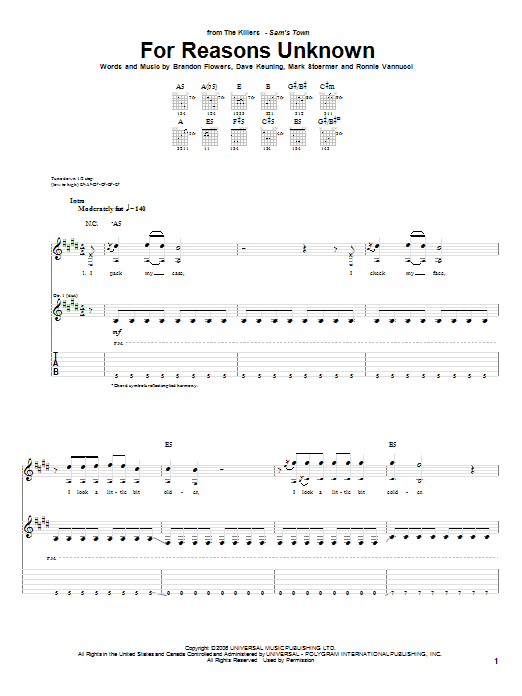 For Reasons Unknown (Guitar Tab) von The Killers