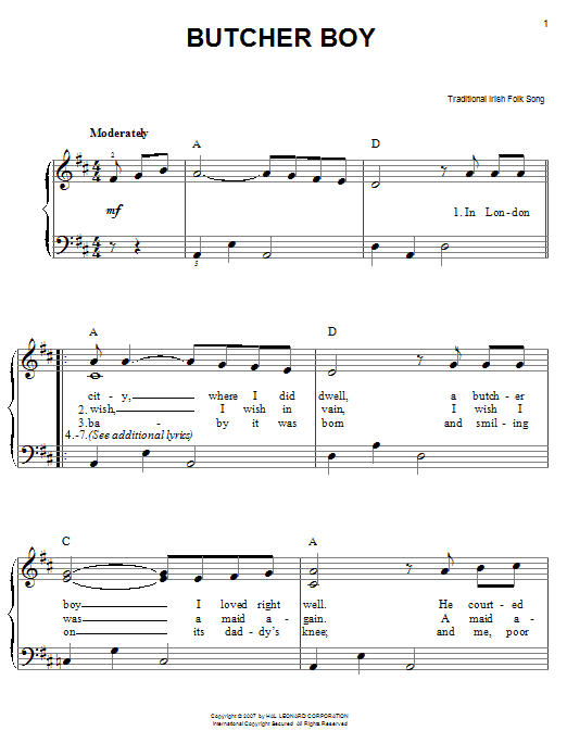 Butcher Boy (Easy Piano) von Irish Folksong