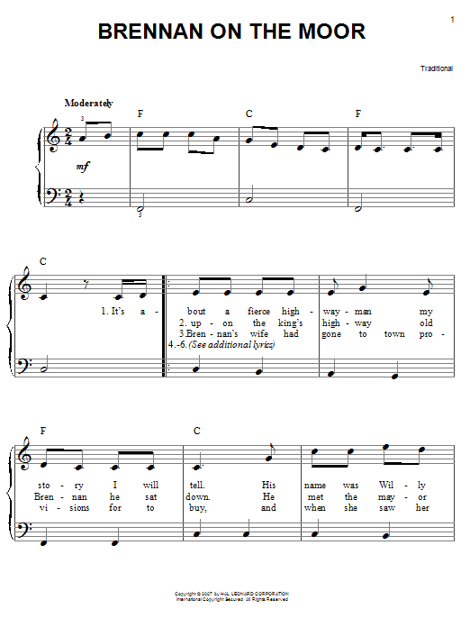 Brennan On The Moor (Easy Piano) von Irish Folksong