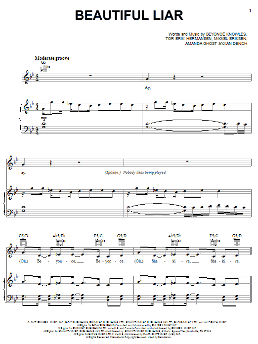 Beautiful Liar (Piano, Vocal & Guitar Chords (Right-Hand Melody)) von Beyonce & Shakira