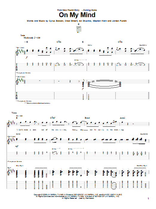 On My Mind (Guitar Tab) von New Found Glory