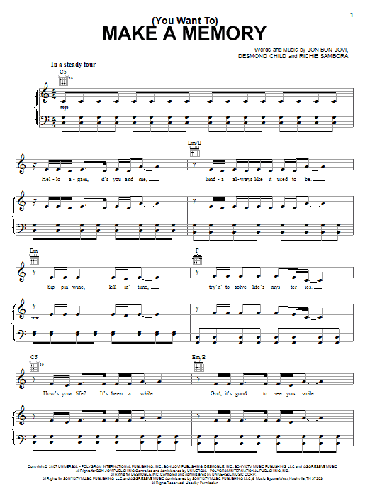 (You Want To) Make A Memory (Piano, Vocal & Guitar Chords (Right-Hand Melody)) von Bon Jovi