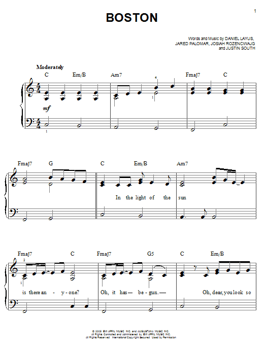 Boston (Easy Piano) von Augustana