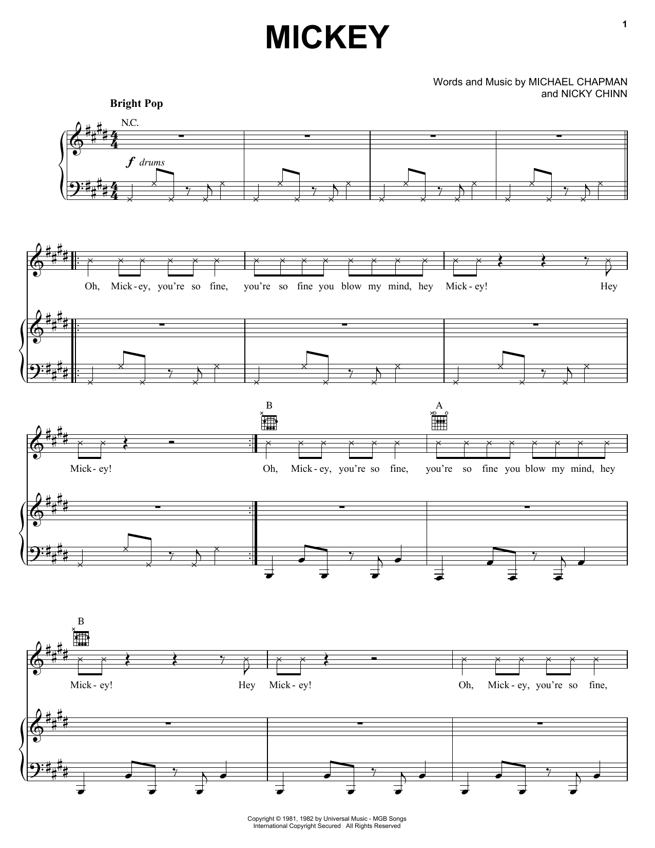 Mickey (Piano, Vocal & Guitar Chords (Right-Hand Melody)) von Toni Basil
