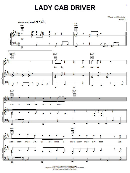 Lady Cab Driver (Piano, Vocal & Guitar Chords (Right-Hand Melody)) von Prince