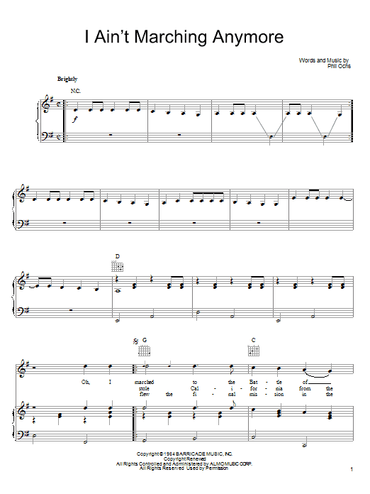 I Ain't Marching Anymore (Piano, Vocal & Guitar Chords (Right-Hand Melody)) von Phil Ochs