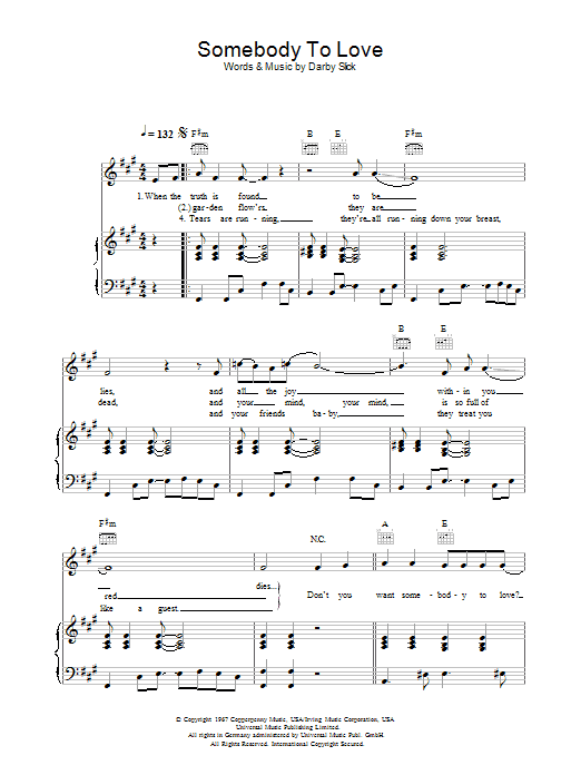 Somebody To Love (Piano, Vocal & Guitar Chords) von Jefferson Airplane