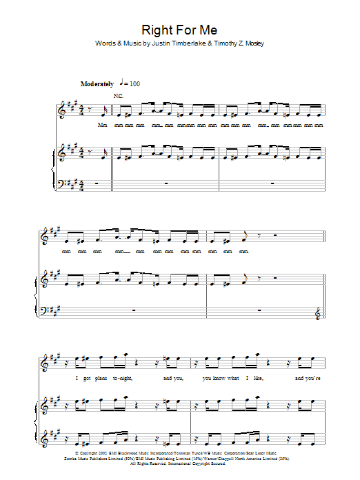 Right For Me (Piano, Vocal & Guitar Chords) von Justin Timberlake