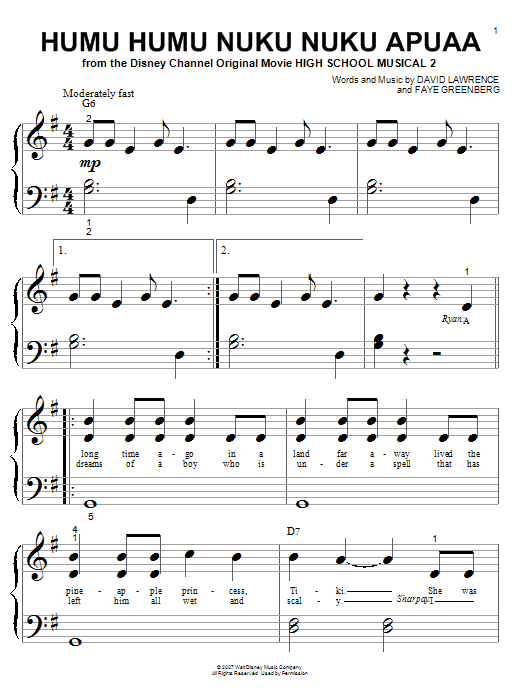 Humu Humu Nuku Nuku Apuaa (Big Note Piano) von High School Musical 2