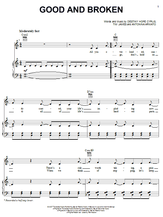 Good And Broken (Piano, Vocal & Guitar Chords (Right-Hand Melody)) von Hannah Montana