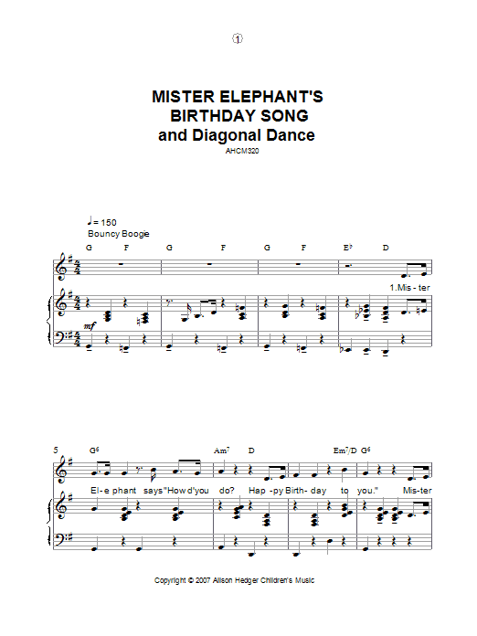 Mister Elephant's Birthday Song And Diagonal Dance (Piano, Vocal & Guitar Chords) von Alison Hedger