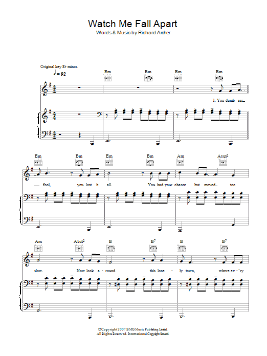 Watch Me Fall Apart (Piano, Vocal & Guitar Chords) von Hard-Fi