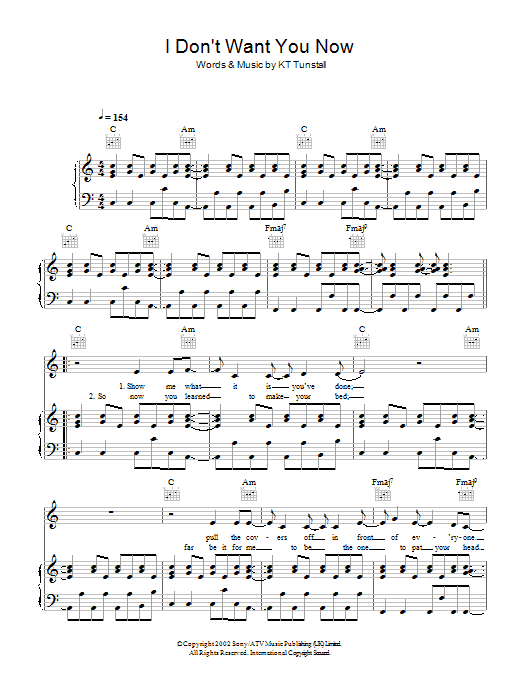 I Don't Want You Now (Piano, Vocal & Guitar Chords) von KT Tunstall