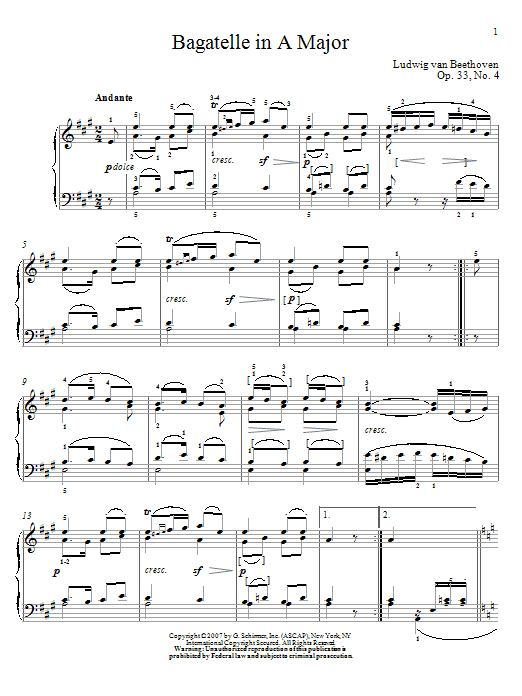 Bagatelle In A Major, Op. 33, No. 4 (Piano Solo) von Ludwig van Beethoven