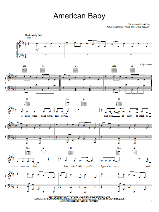 American Baby (Piano, Vocal & Guitar Chords (Right-Hand Melody)) von Dave Matthews Band