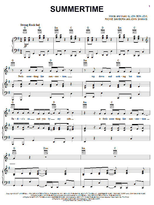Summertime (Piano, Vocal & Guitar Chords (Right-Hand Melody)) von Bon Jovi