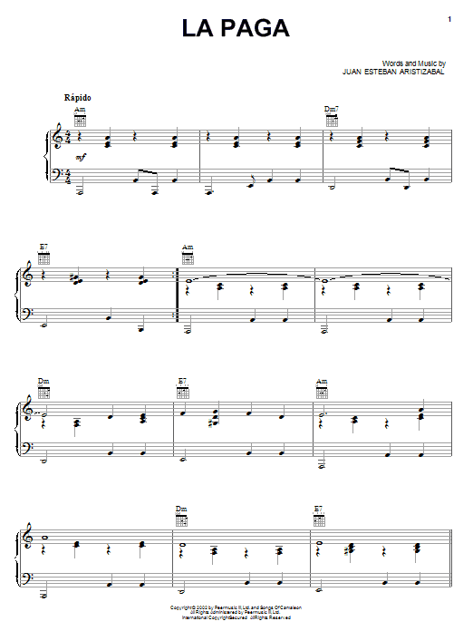 La Paga (Piano, Vocal & Guitar Chords (Right-Hand Melody)) von Juanes