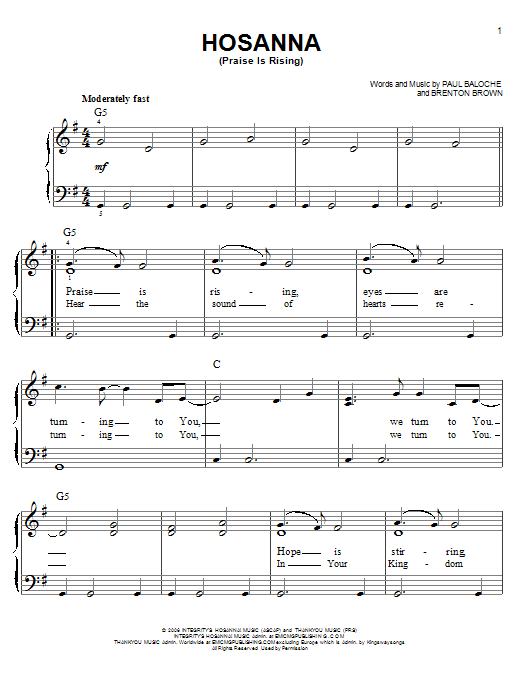 Hosanna (Praise Is Rising) (Easy Piano) von Paul Baloche