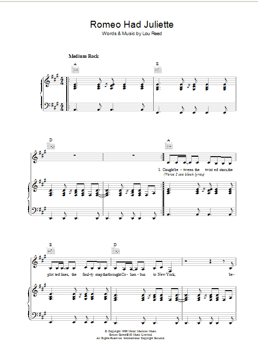 Romeo Had Juliette (Piano, Vocal & Guitar Chords) von Lou Reed