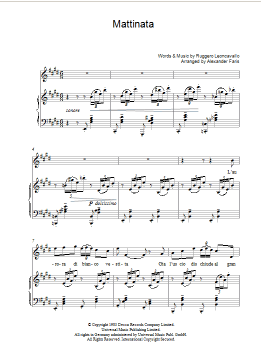Mattinata (Piano, Vocal & Guitar Chords) von Luciano Pavarotti