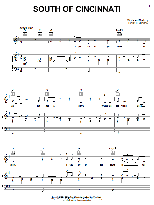 South Of Cincinnati (Piano, Vocal & Guitar Chords (Right-Hand Melody)) von Dwight Yoakam