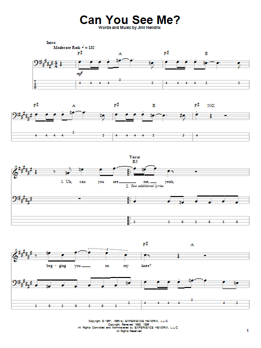 Can You See Me (Bass Guitar Tab) von Jimi Hendrix