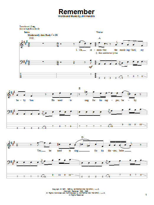 Remember (Bass Guitar Tab) von Jimi Hendrix