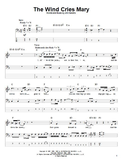 The Wind Cries Mary (Bass Guitar Tab) von Jimi Hendrix