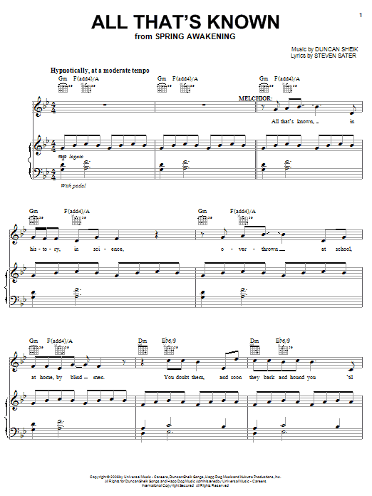 All That's Known (Piano, Vocal & Guitar Chords (Right-Hand Melody)) von Duncan Sheik