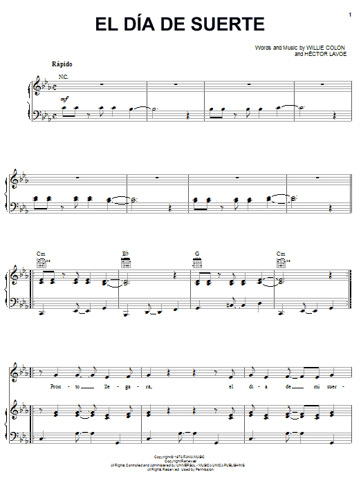 El Dia De Suerte (Piano, Vocal & Guitar Chords (Right-Hand Melody)) von Hector Lavoe