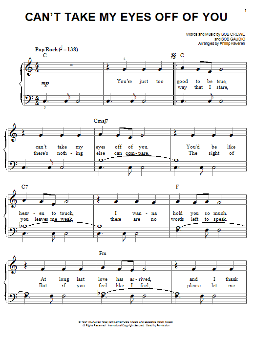 Can't Take My Eyes Off Of You (from Jersey Boys) (arr. Phillip Keveren) (Easy Piano) von Frankie Valli & The Four Seasons