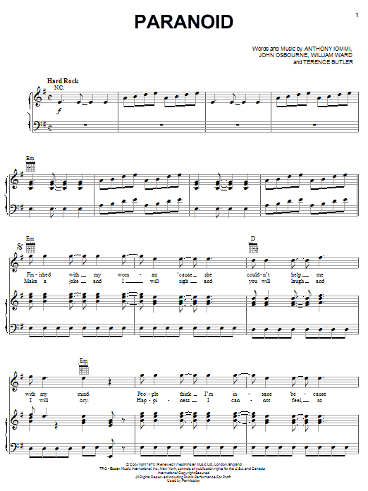 Paranoid (Piano, Vocal & Guitar Chords (Right-Hand Melody)) von Black Sabbath