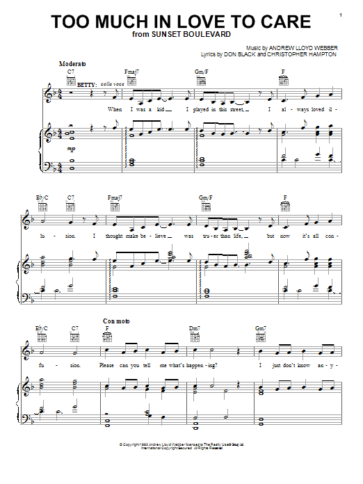 Too Much In Love To Care (Piano, Vocal & Guitar Chords (Right-Hand Melody)) von Andrew Lloyd Webber