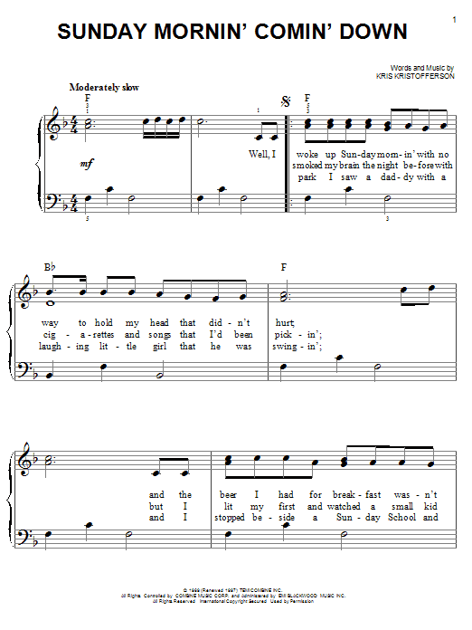 Sunday Mornin' Comin' Down (Easy Piano) von Kris Kristofferson